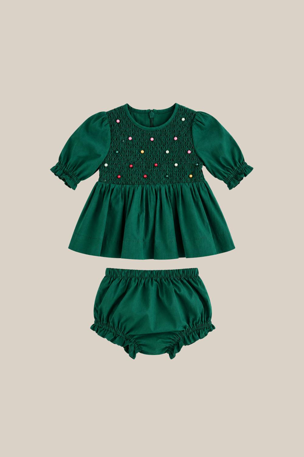 Baby Christmas Tree Dress Set in Emerald