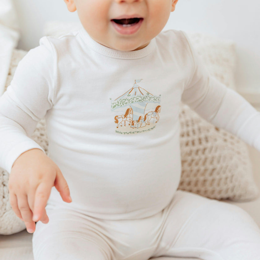 Carousel Print Onesie with Hat Off White