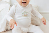 Carousel Print Snap Front Long Sleeve Romper and Hat Two Piece Set