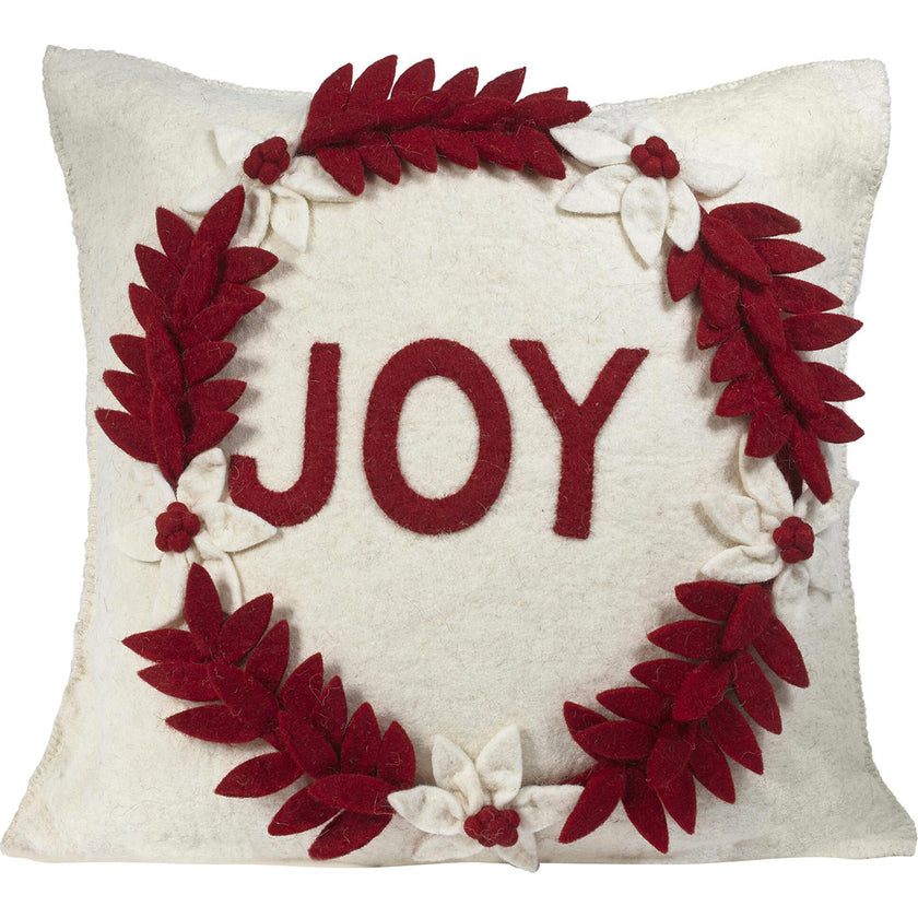 Hand Felted Wool Christmas Pillow - JOY Wreath Cream - 20"