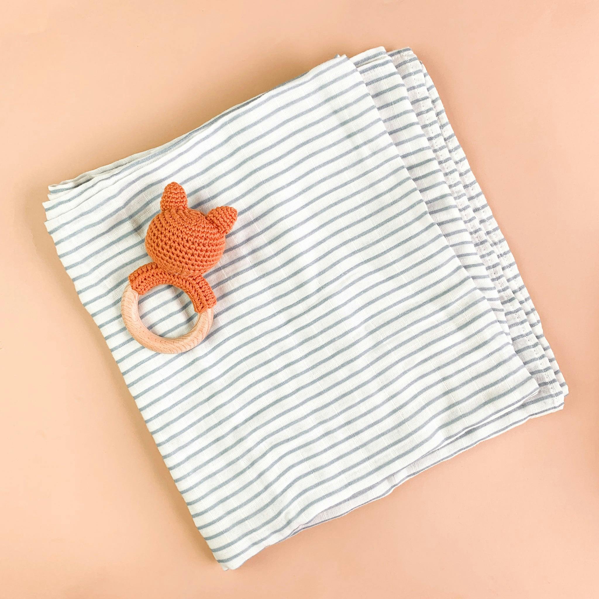Blue Stripe Swaddle and Teether Set - Fox