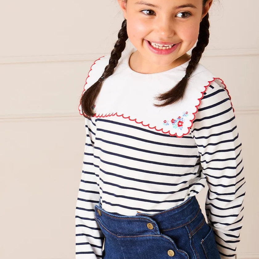 Sailor Stripe Floral Embroidered Mariner Collar Top in White (2-12yrs)