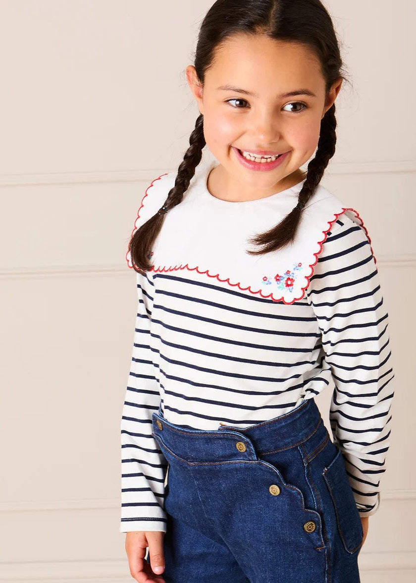Sailor Stripe Floral Embroidered Mariner Collar Top in White (2-12yrs)