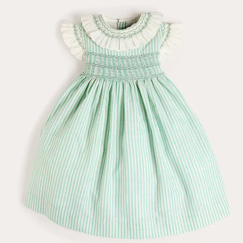 Wimbledon Stripe Hand Smocked Frill Collar Cap Sleeve Dress in Green (12mths- 10yrs)