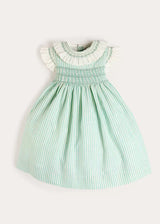 Wimbledon Stripe Hand Smocked Frill Collar Cap Sleeve Dress in Green (12mths- 10yrs)