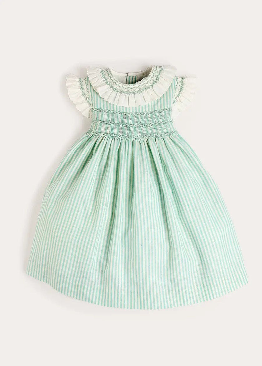 Wimbledon Stripe Hand Smocked Frill Collar Cap Sleeve Dress in Green (12mths- 10yrs)