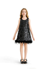 Black Sequin Feather-Hem Dress