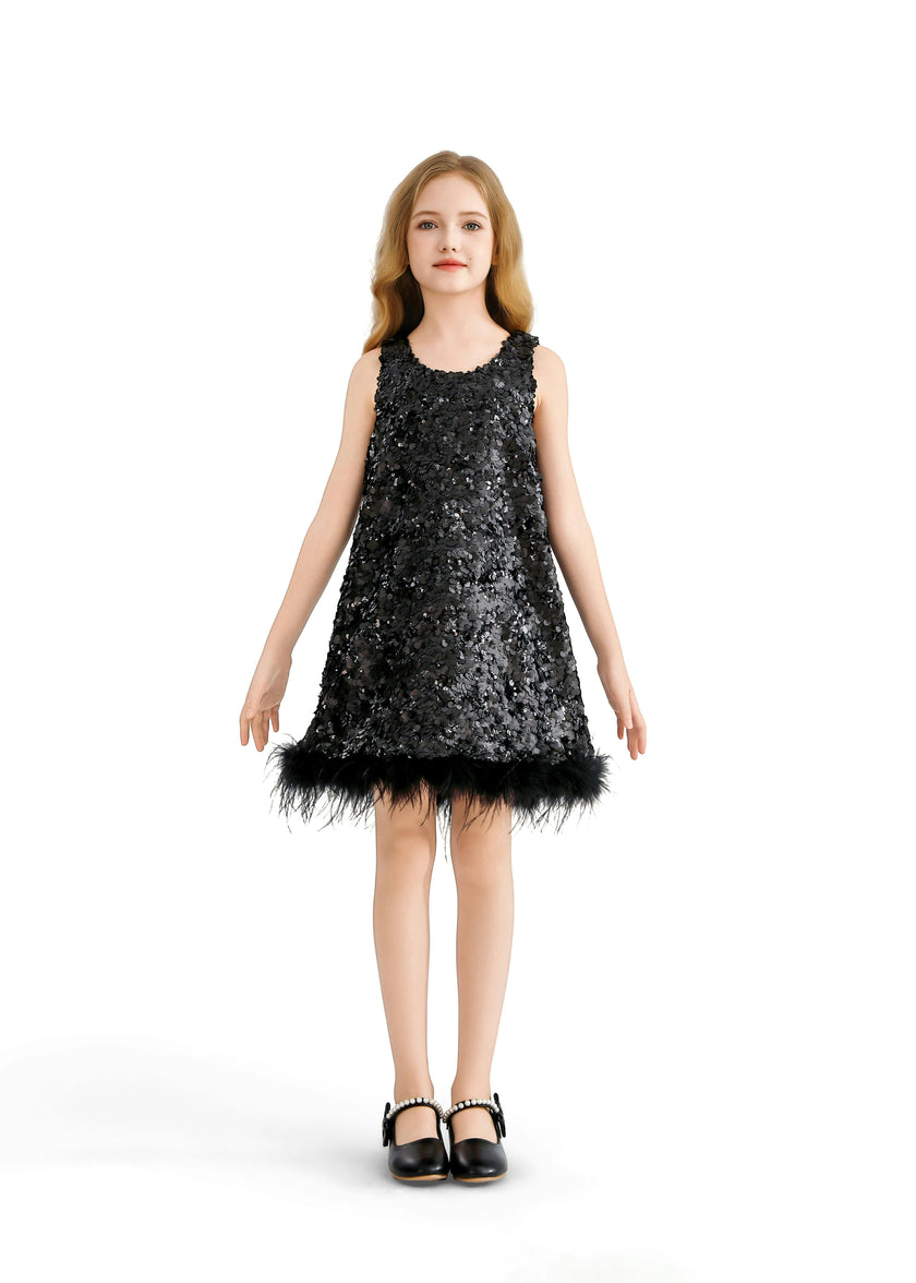 Black Sequin Feather-Hem Dress