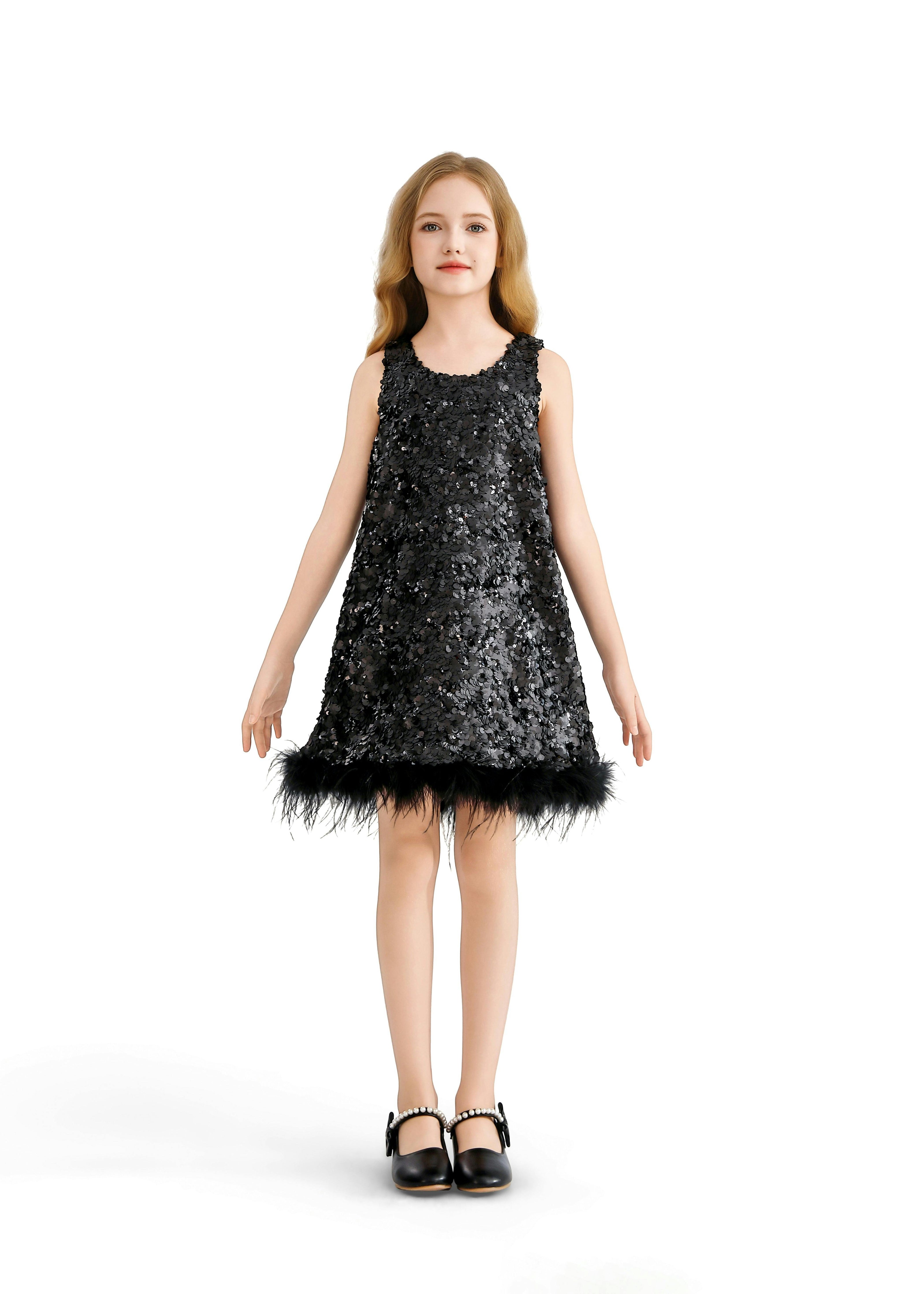 Black Sequin Feather-Hem Dress