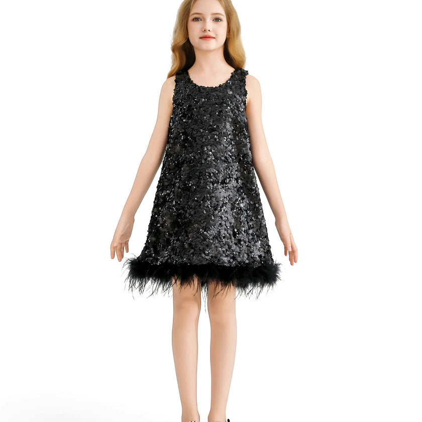 Black Sequin Feather-Hem Dress
