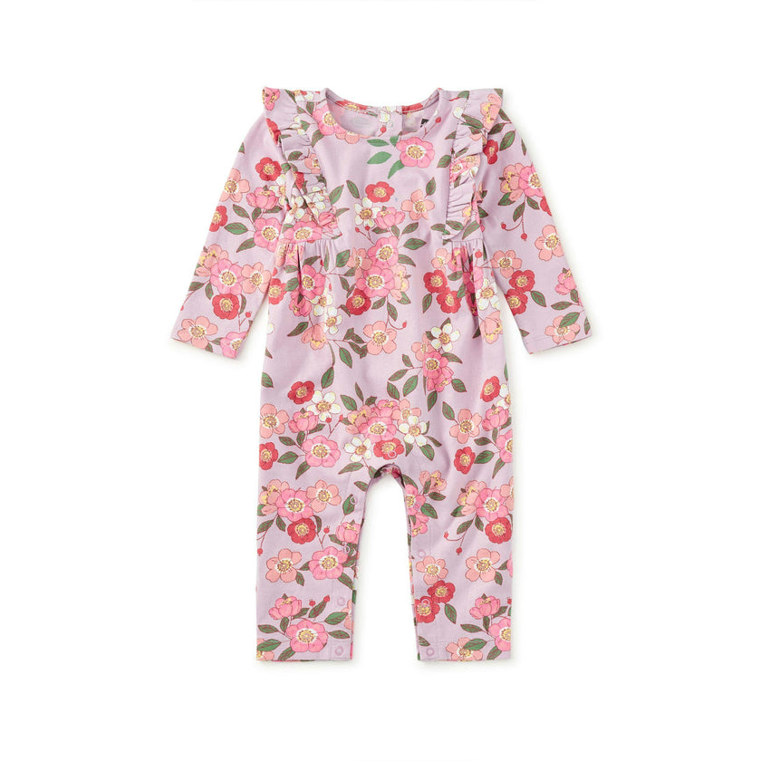 Ruffle Shoulder Baby Romper, Rosa Canina