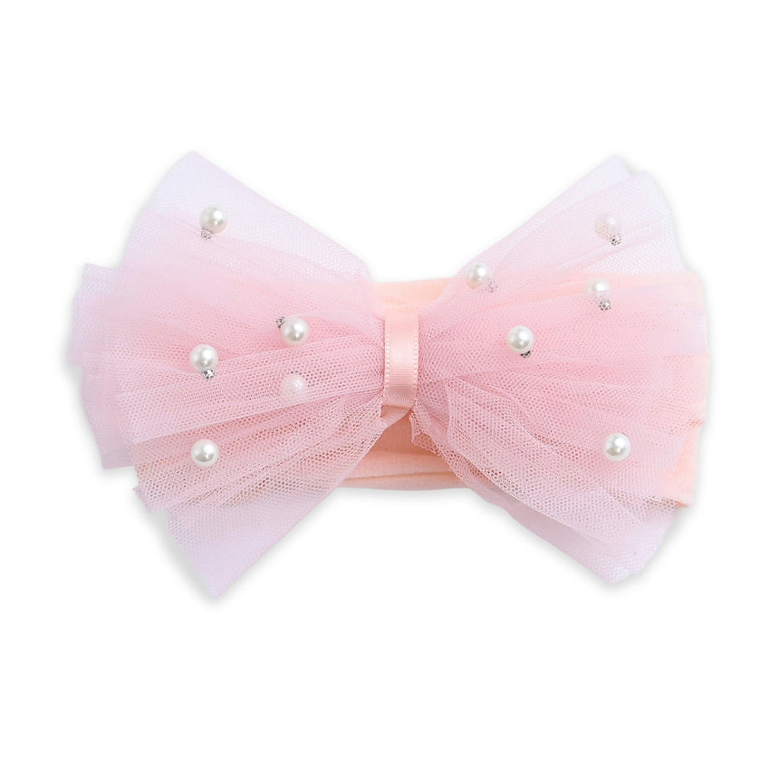 Multicolor Elastic Tulle Pearl Bow Headband Set