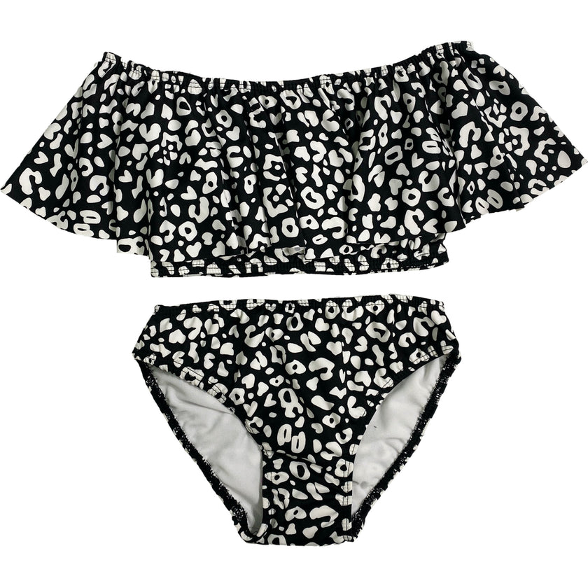 Kids Ruffle Two Piece Bathing Suit Black Cheetah, Multi