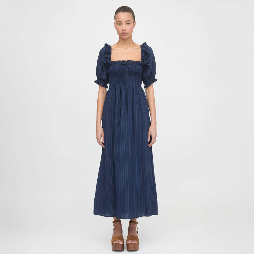 The Scarlett Midi Nap Dress - Navy Tonal Seersucker