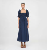 The Scarlett Midi Nap Dress - Navy Tonal Seersucker