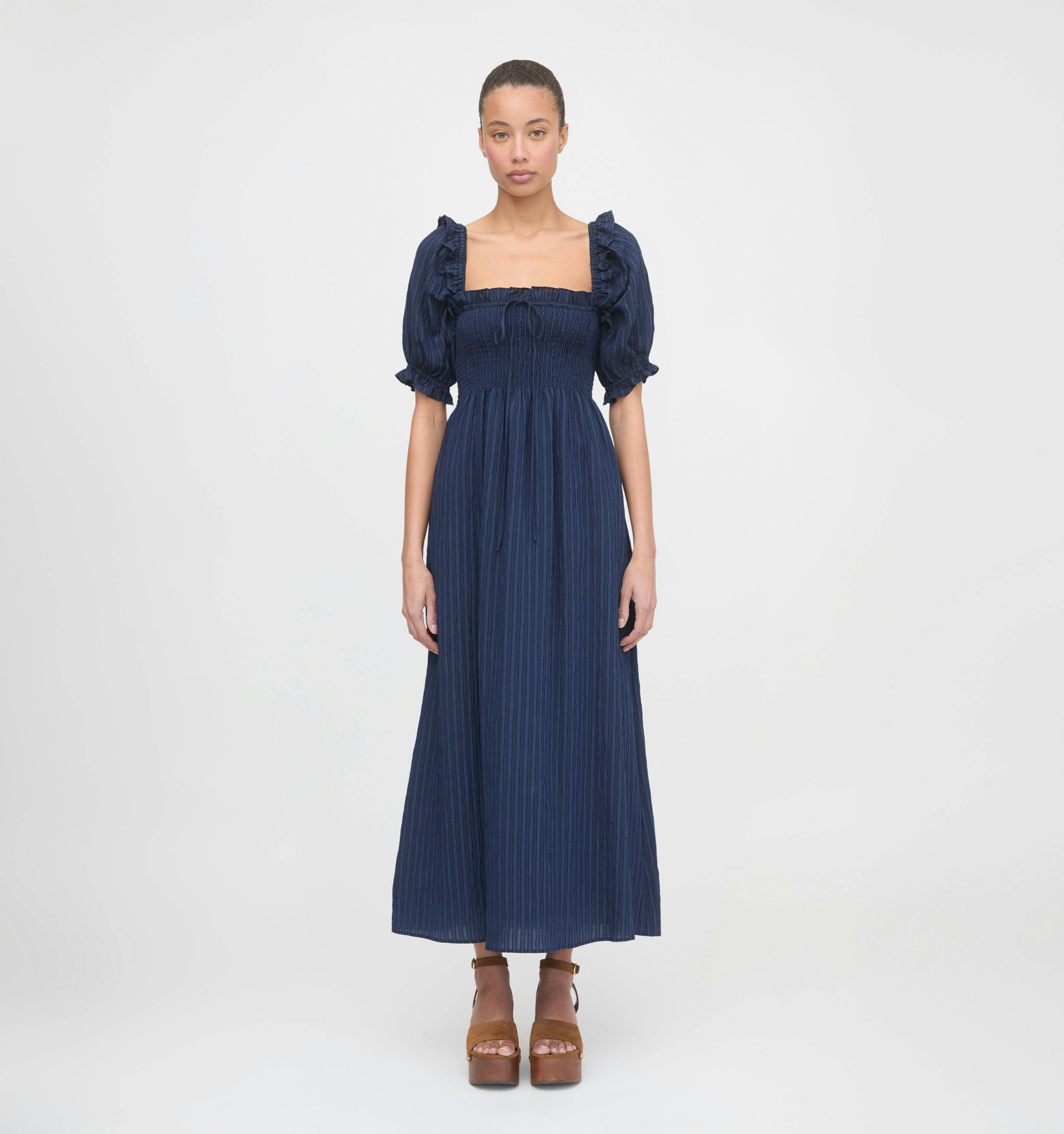The Scarlett Midi Nap Dress - Navy Tonal Seersucker