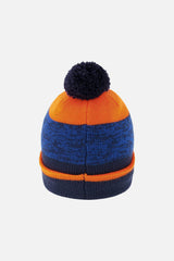 Winter Knit Hat with Pompom Color Block Orange and Blue