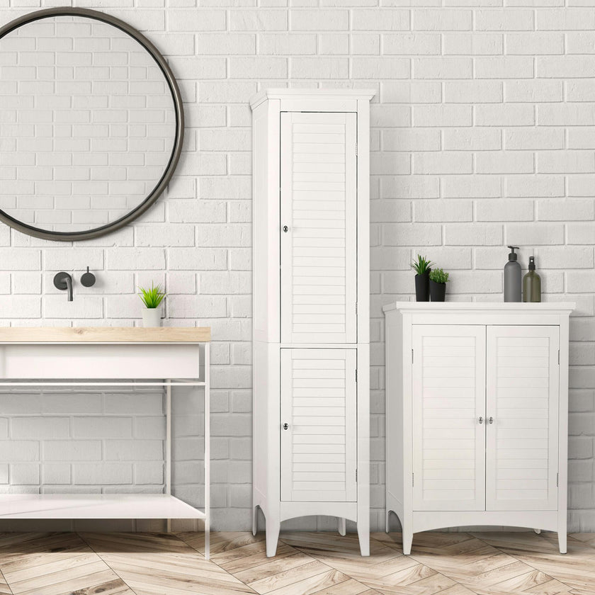 Glancy Tall Slim Free Standing Linen Storage Cabinet with 2 Louvered Doors 5 Tier Shelves