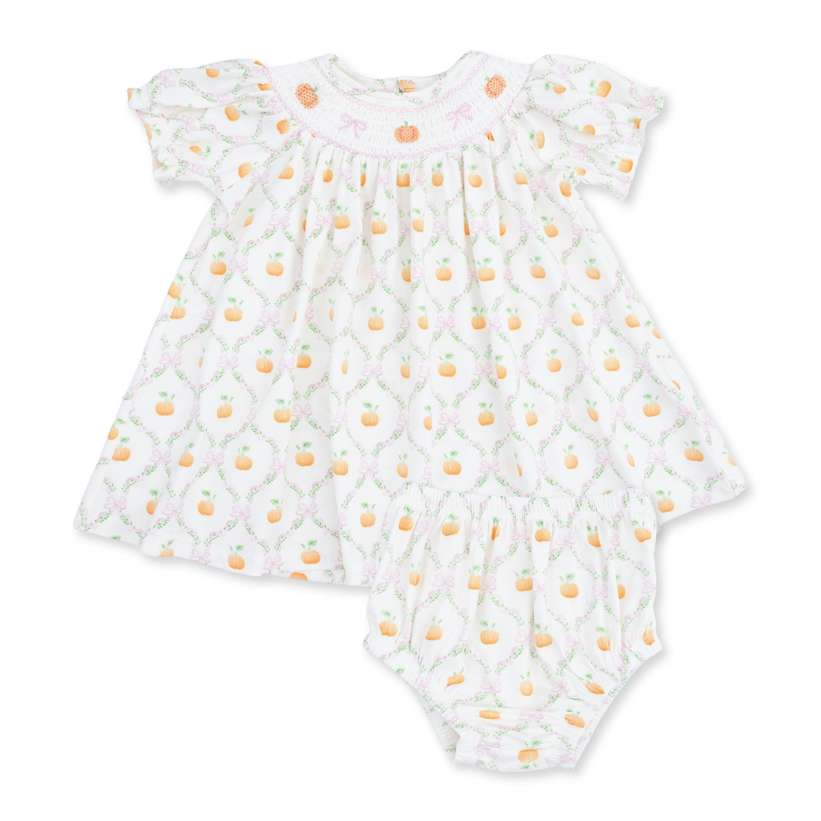 Pretty Pumpkin Trellis - Jane Puff Sleeve Bishop Dress and Bloomer