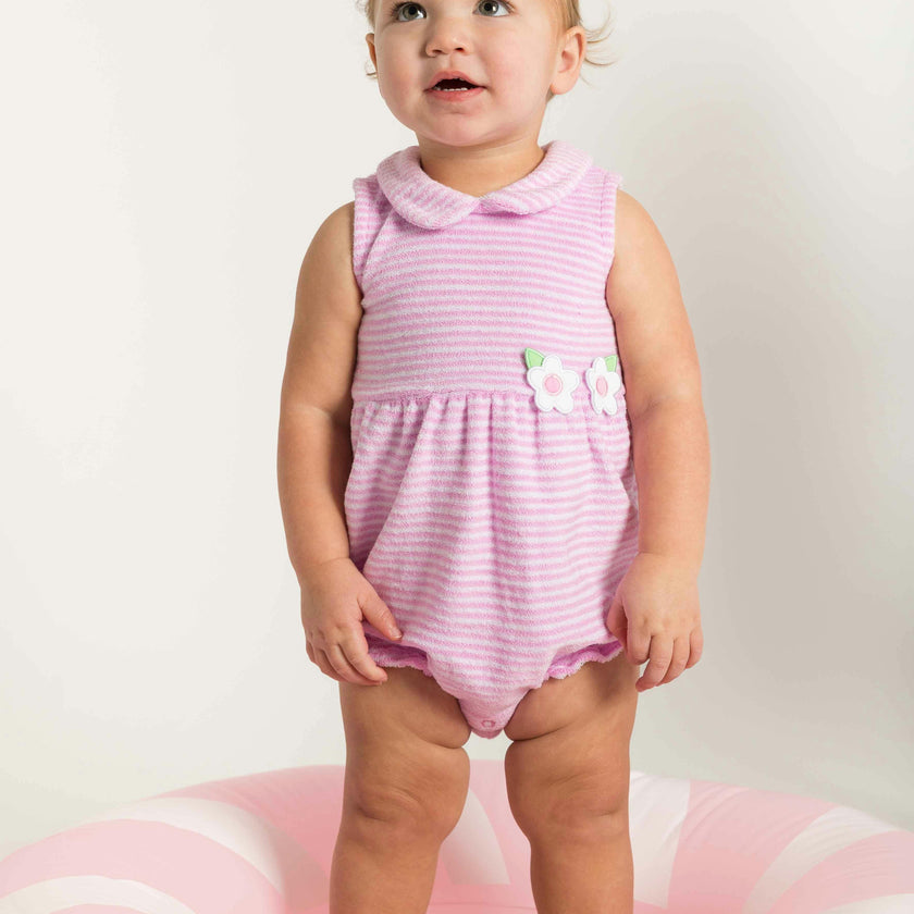 Stripe Terry Romper W/Flowers