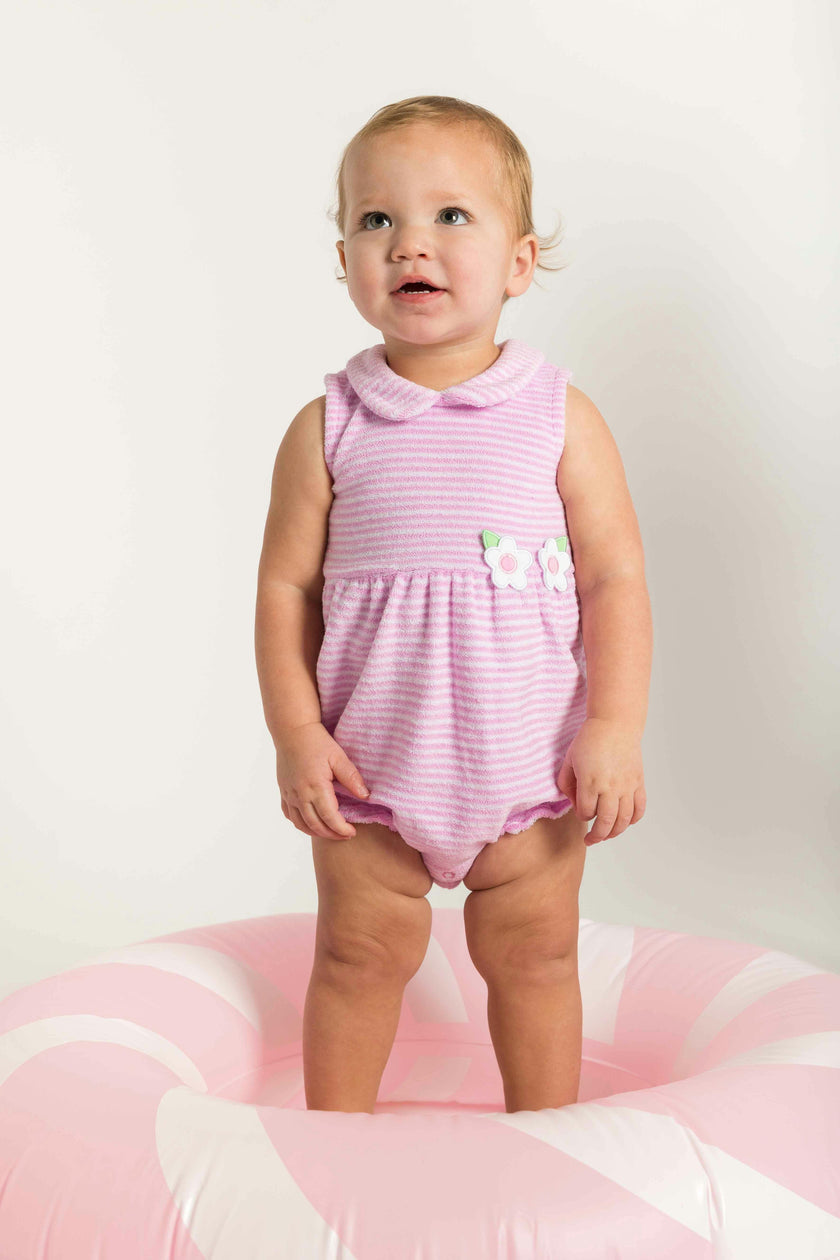 Stripe Terry Romper W/Flowers