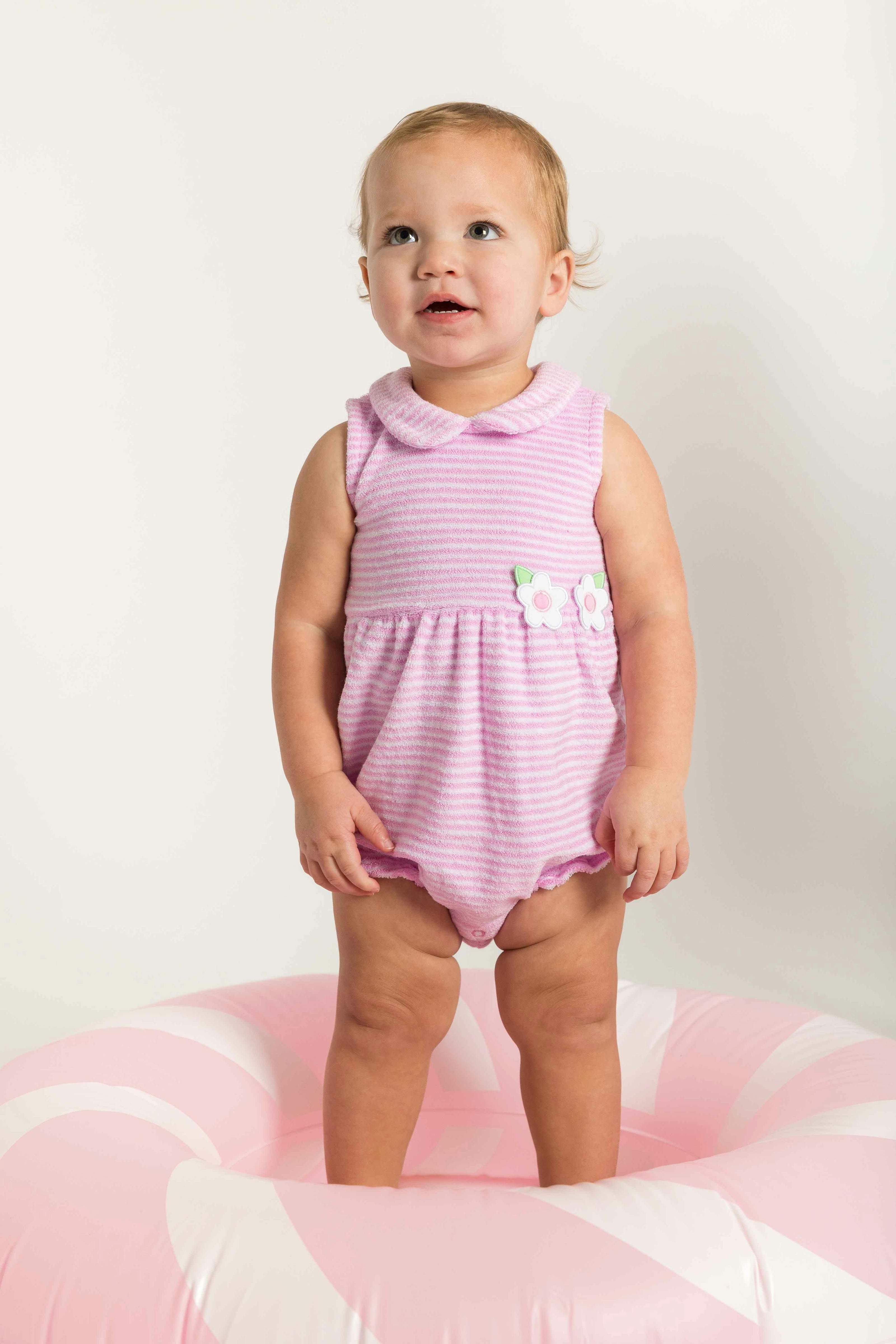 Stripe Terry Romper W/Flowers