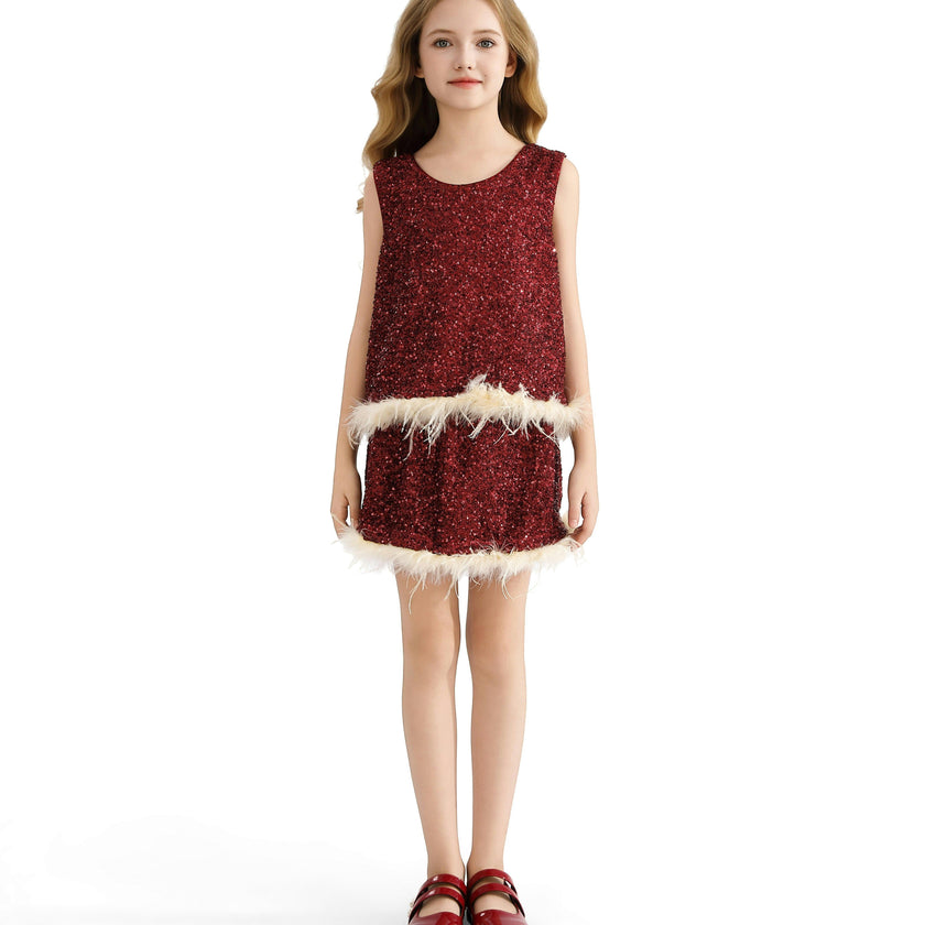 Red Sequin Feather-Trim Set