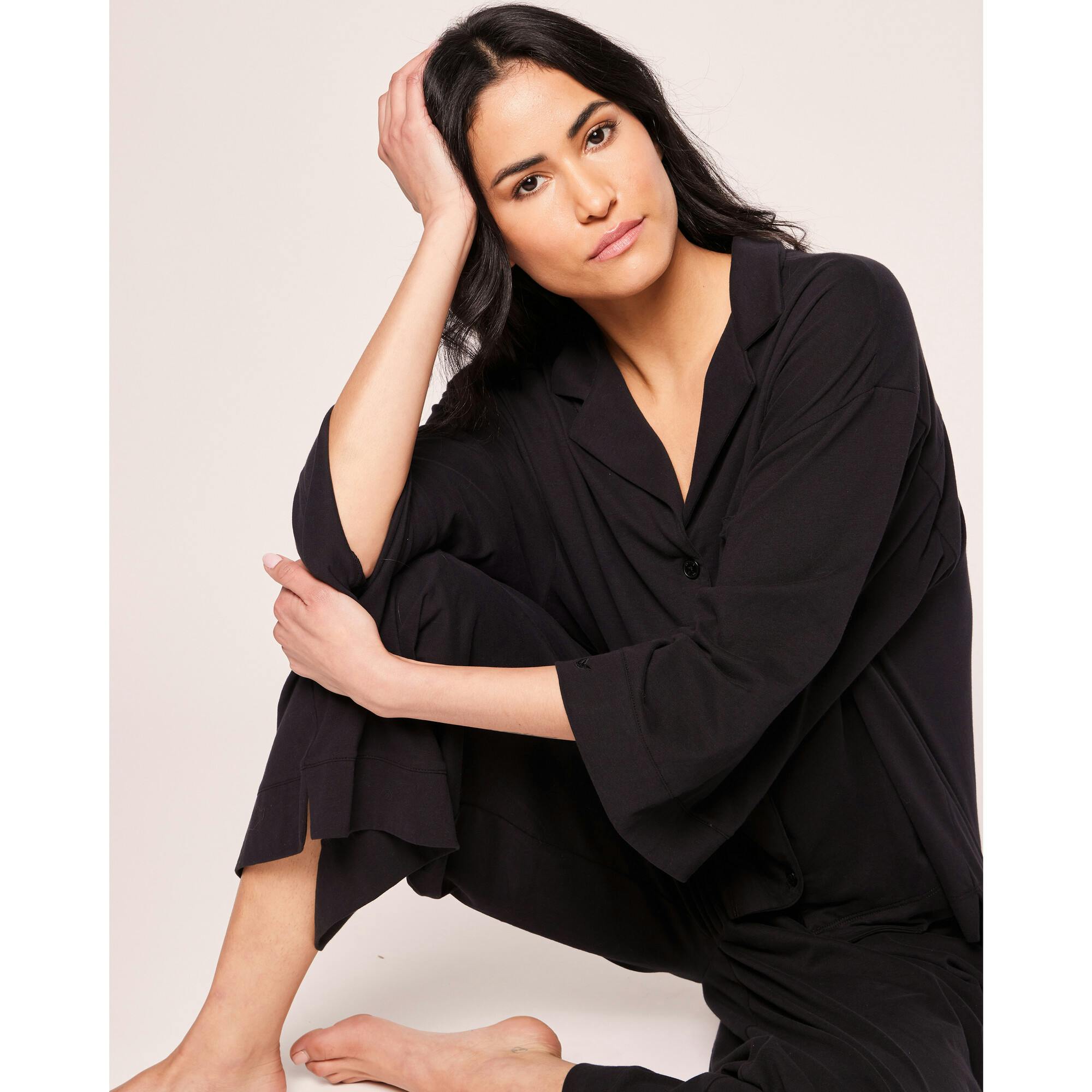 The Olivia Wide Leg Pima Pajama Set in Black