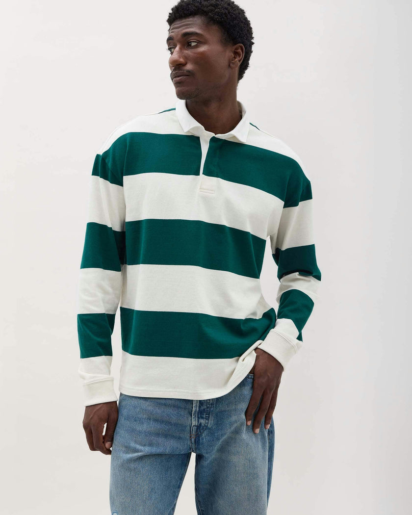 Mens Heavy Pima Rugby Polo - Pima Cotton Jersey - Rainforest Bone Stripe