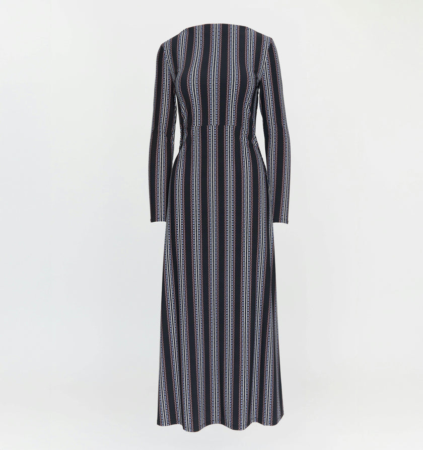 The Selene Dress - Black Cobalt Medallion Stripe