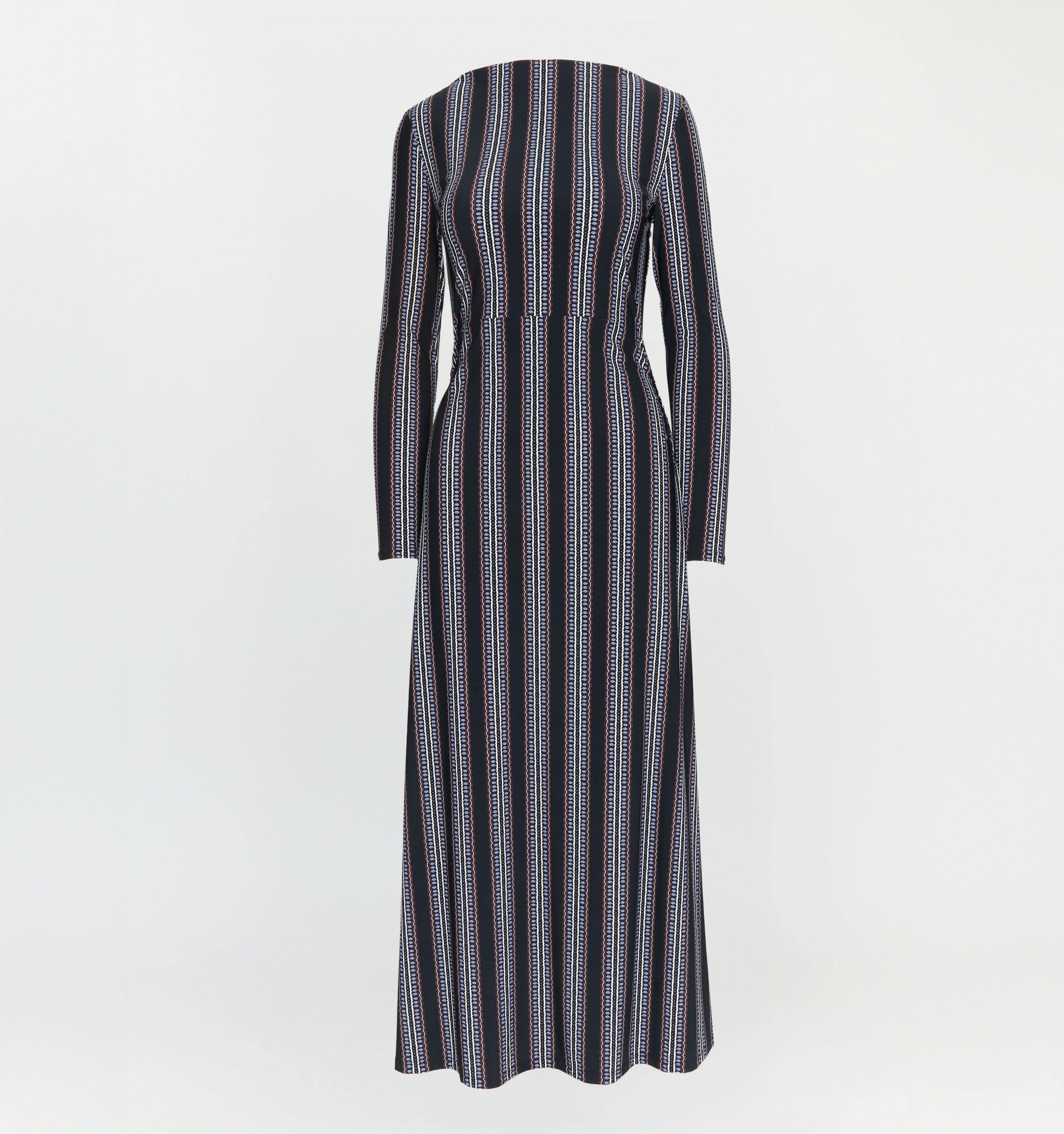 The Selene Dress - Black Cobalt Medallion Stripe