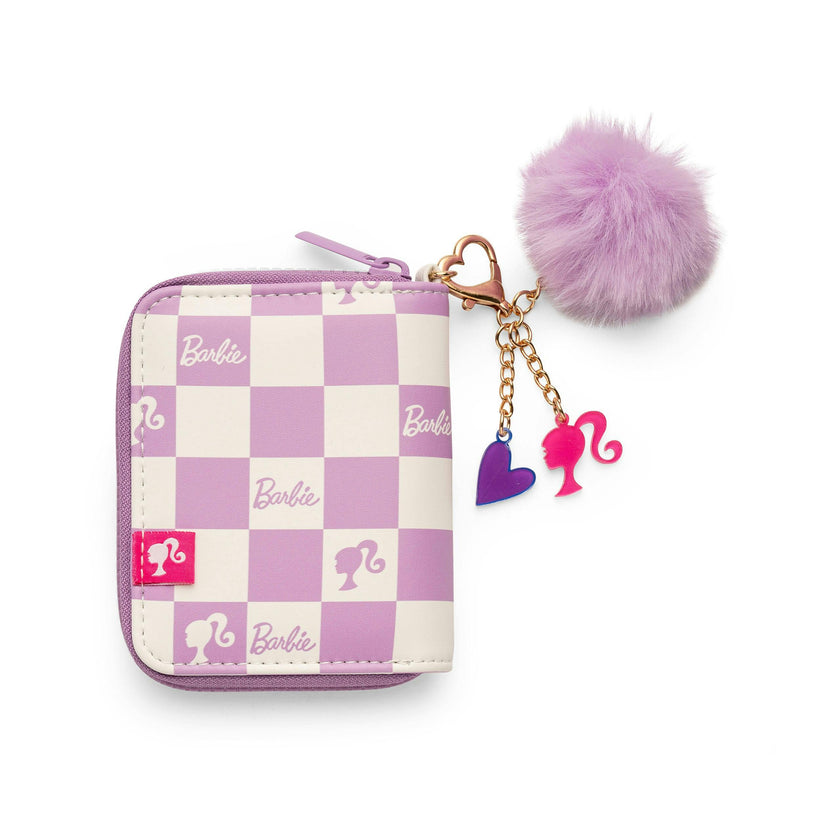 Barbie™ Purple Checkered Kids Zip Wallet with Pom Charm