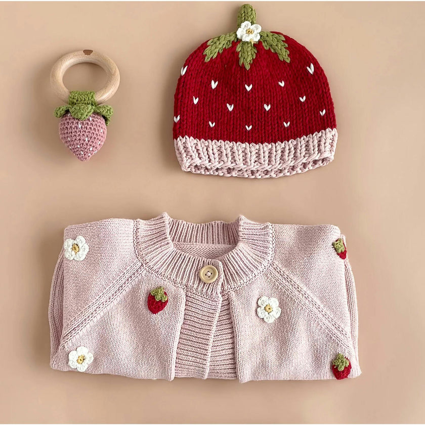 Cotton Crochet Rattle Teether Strawberry, Pink