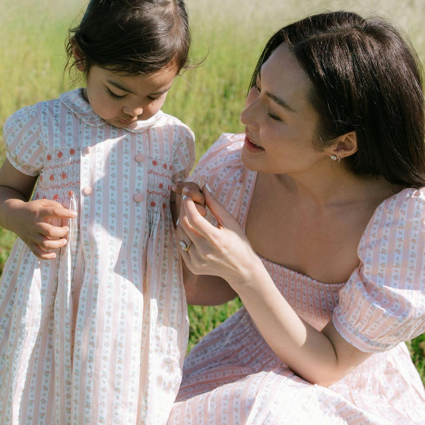 Pink Floral Stripe Arcadia Girl Hand-Smocked Dress