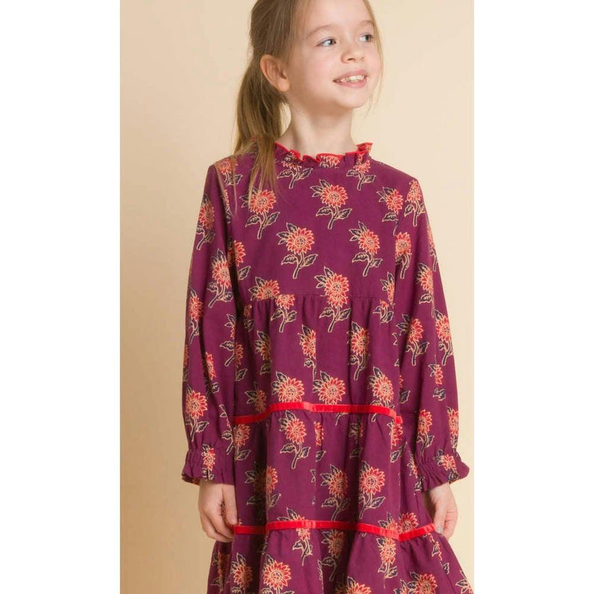 Long Sleeves Tiered Skirt Dress with Velvet Trim