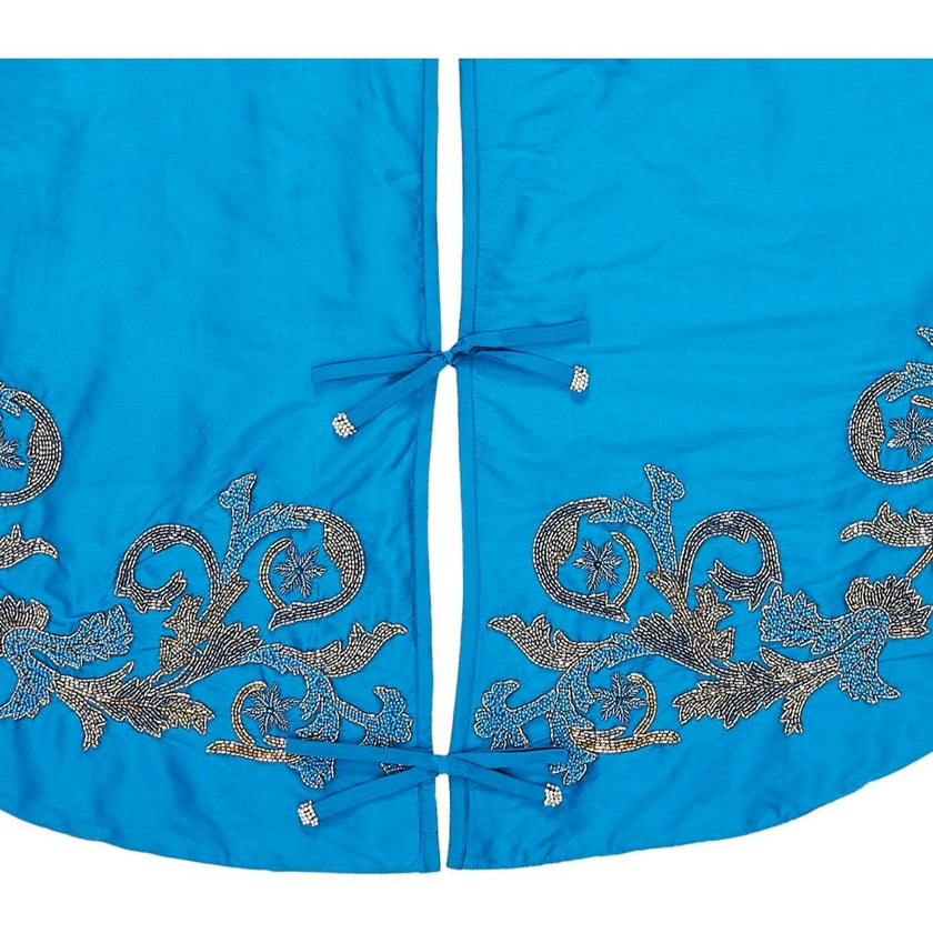 Hand Beaded Imperial Blue Silk Christmas Tree Skirt Blue 60" / 72"