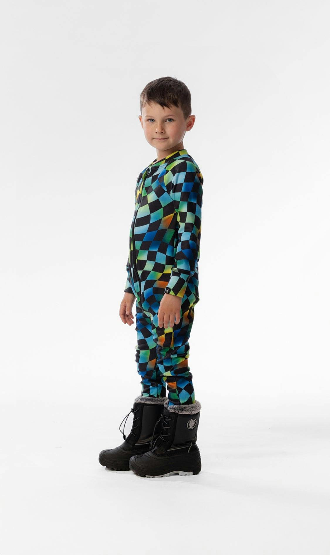 One Piece Thermal Underwear Blue Checkered Print