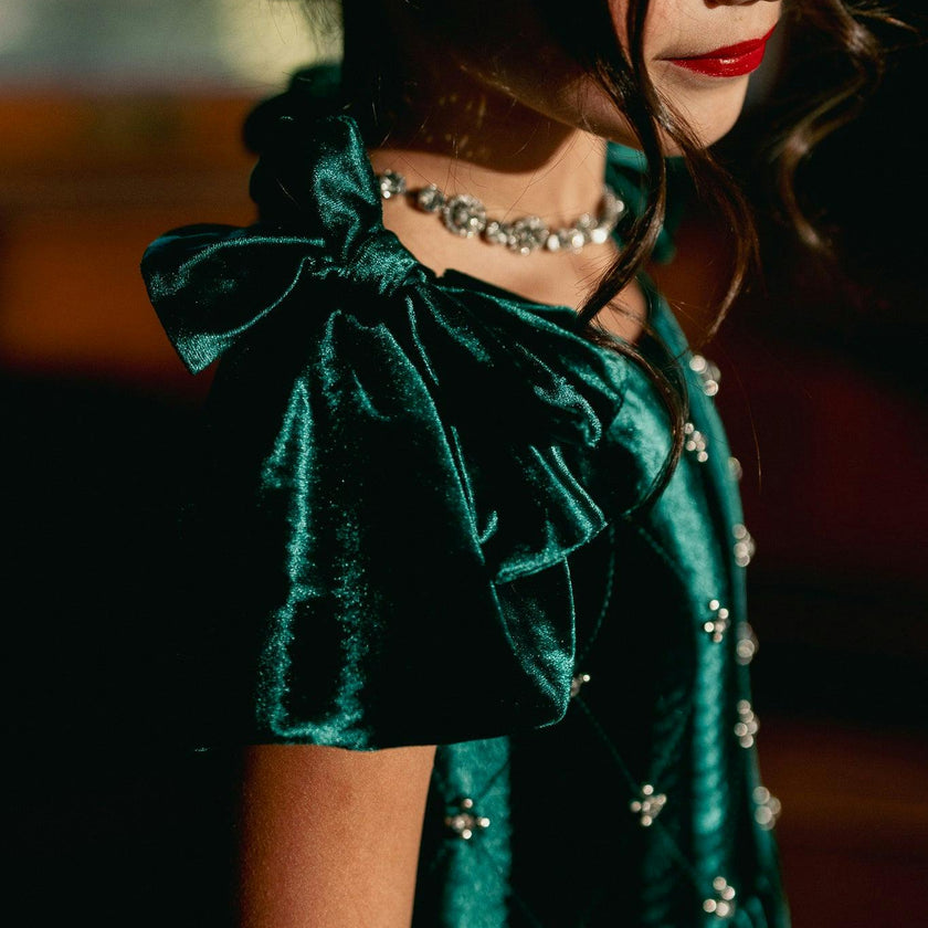 Mini Tiara Dress in Green Velvet