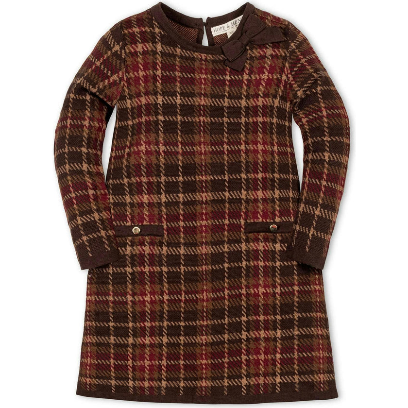 Organic Long Sleeve Bow Detail Intarsia Sweater Dress, Brown