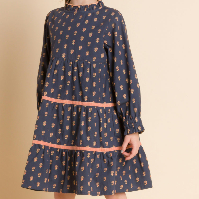 Long Sleeves Tiered Skirt Dress with Velvet Trim