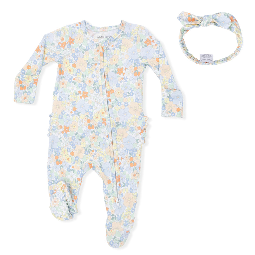 Georgia Floral - 2 Way Ruffle Back Zipper Footie & Headband Set