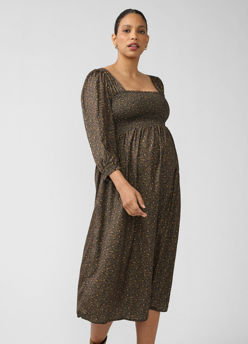 Smocked Sateen Maternity and Nursing Midi Dress