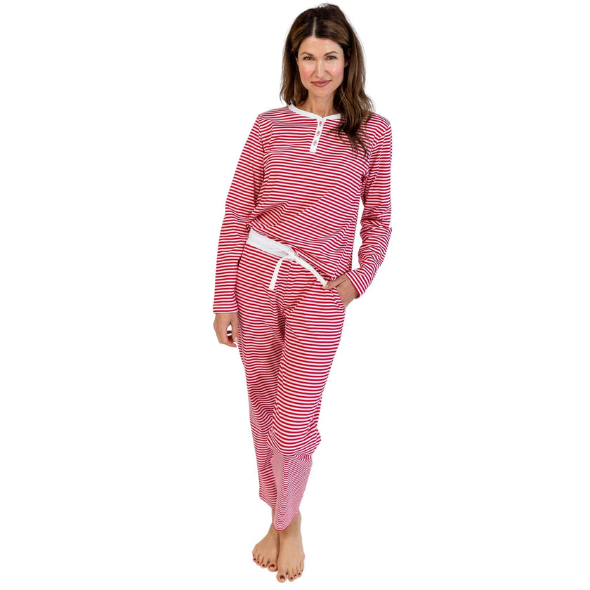 Women's Red Stripe Jersey Long PJ Set - Organic Stretch Cotton