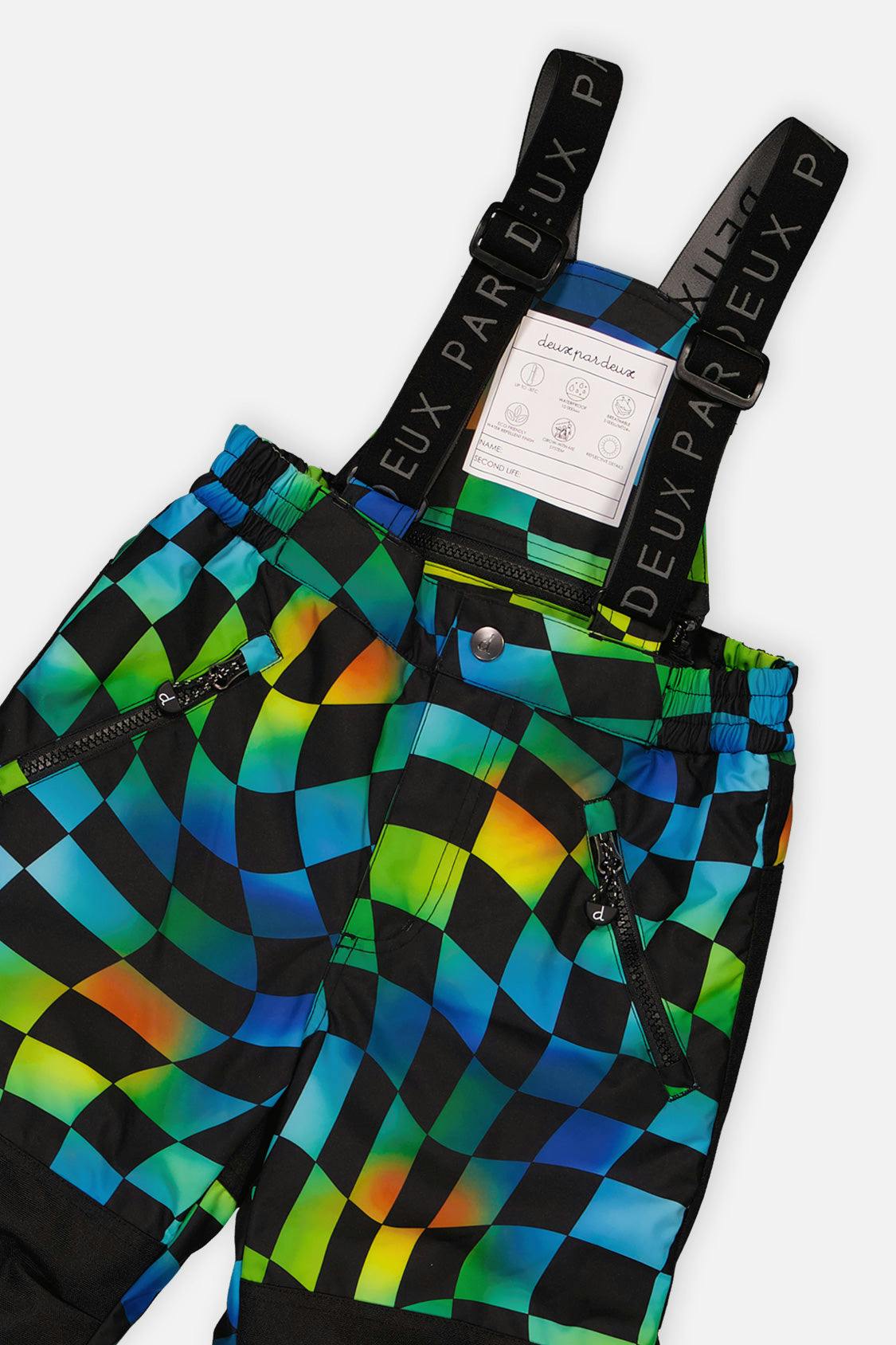 Two Piece Play Snowsuit Black Colorblock With Green Yellow And Blue Checkerboard Pants