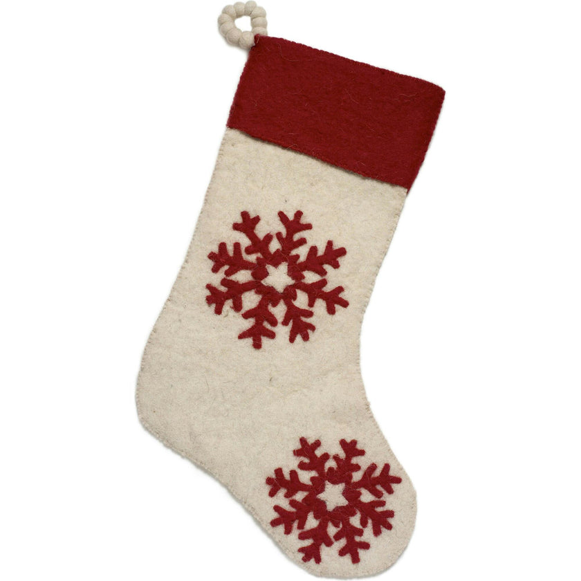 Hand Felted Wool Christmas Stocking Red Snowflakes Cream