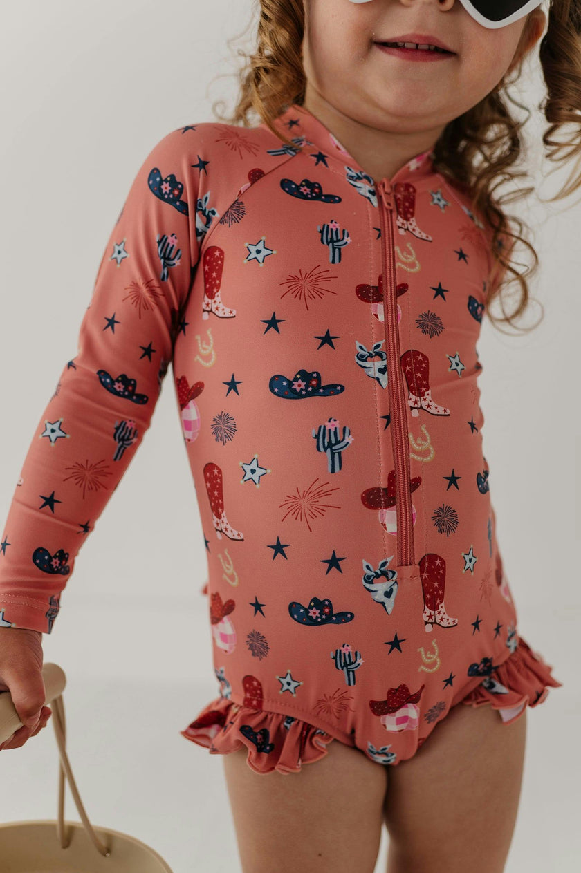 Girls One-Piece Ruffle Rash Guard Swimsuit in American Cowgirl