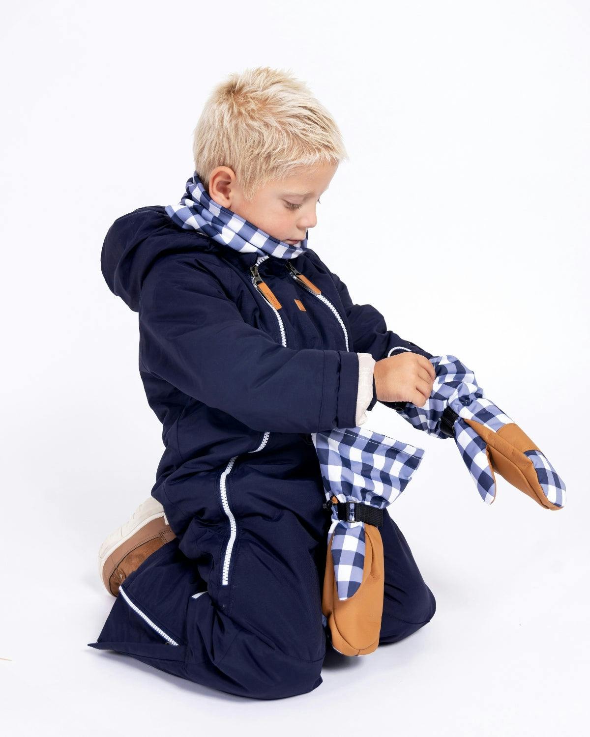 Kids Waterproof Mitten in Navy Gingham