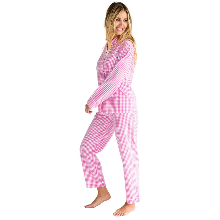 Women's Hepburn Gingham Pink Long PJ Set - Organic Cotton Poplin