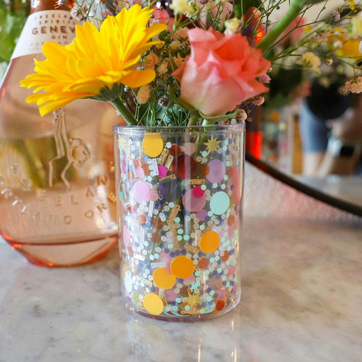 Celebrate Every Day Confetti Pen Cup Organizer - Double Wall Clear Acrylic Desk Organizer with Trapped Multicolor Confetti for Home and Office
