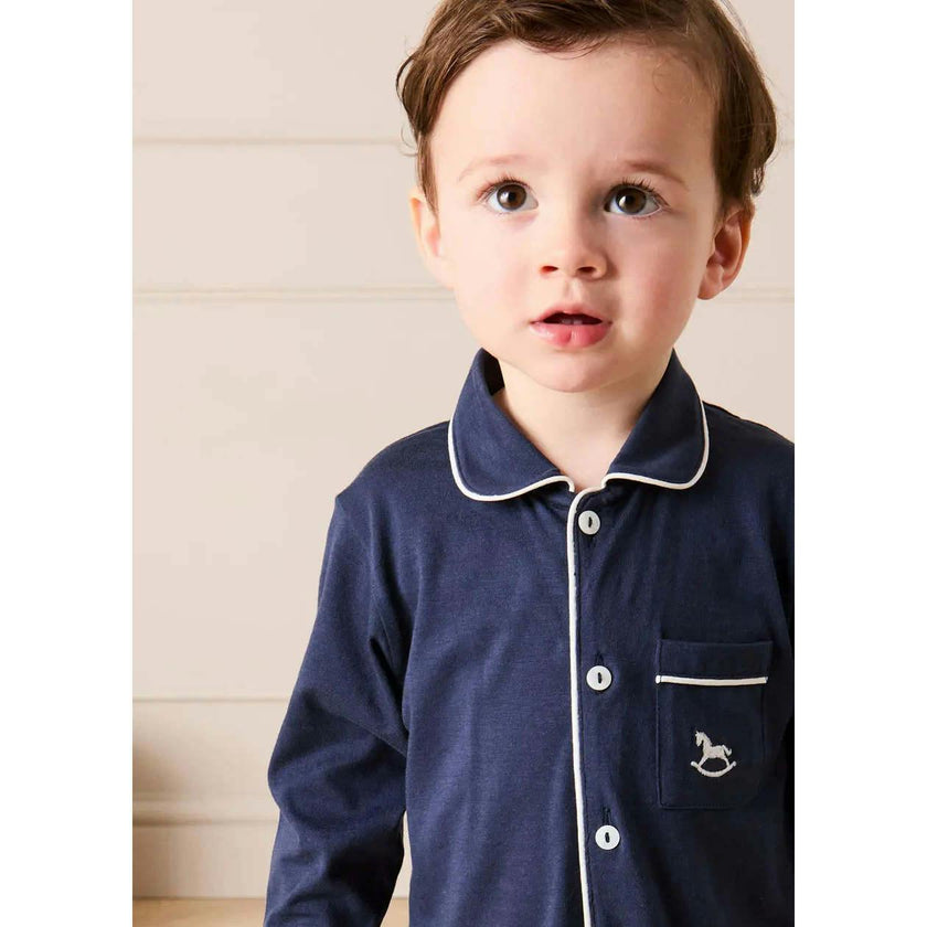 Rocking Horse Embroidered Pima Cotton All In One Pyjamas in Navy (6mths-3yrs)